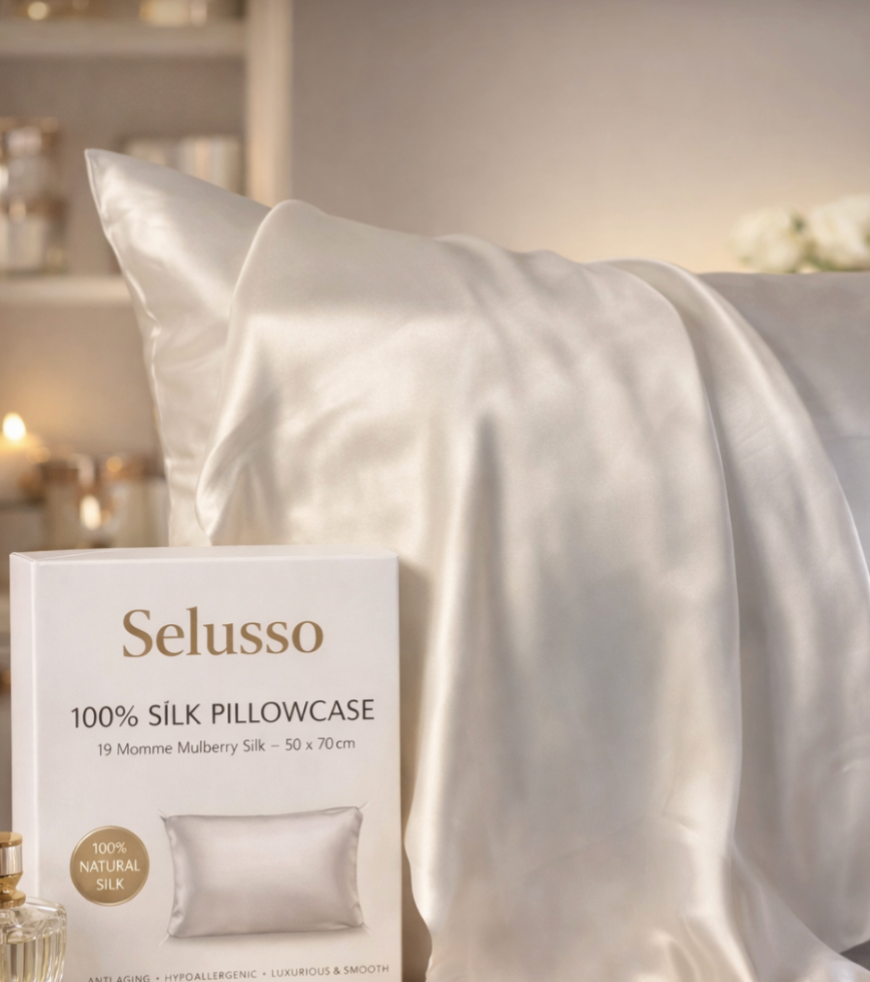 Silk pillowcase packaging with a silk pillow in the background