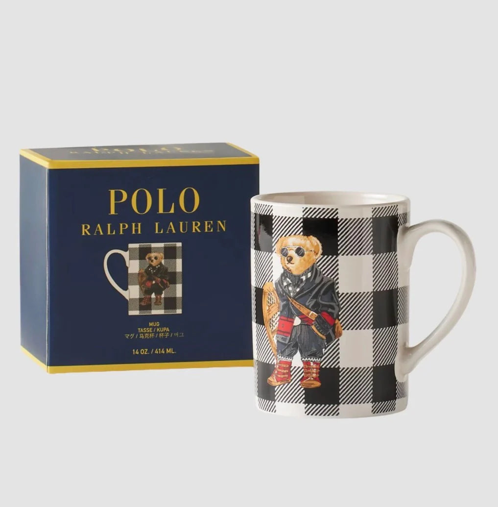 Polo Ralph Lauren mug with checkered design and bear illustration next to its packaging box.