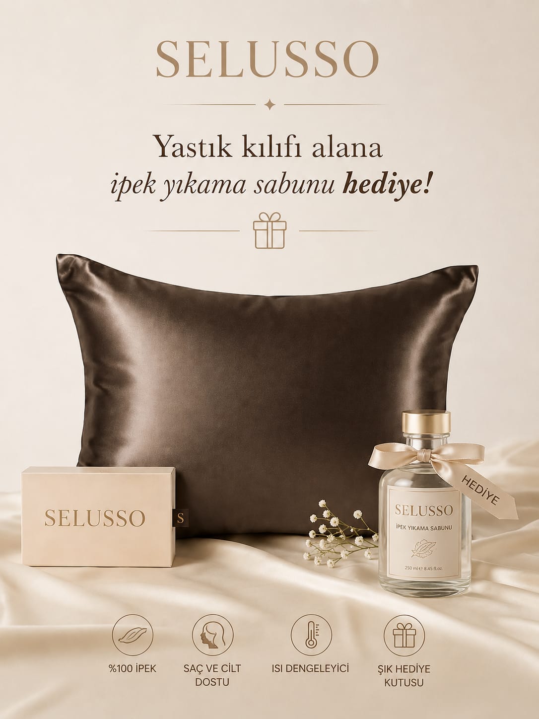 100% İpek Yastık Kılıfı | Bronz Kahverengi | 50 x 70 | 1 adettir.