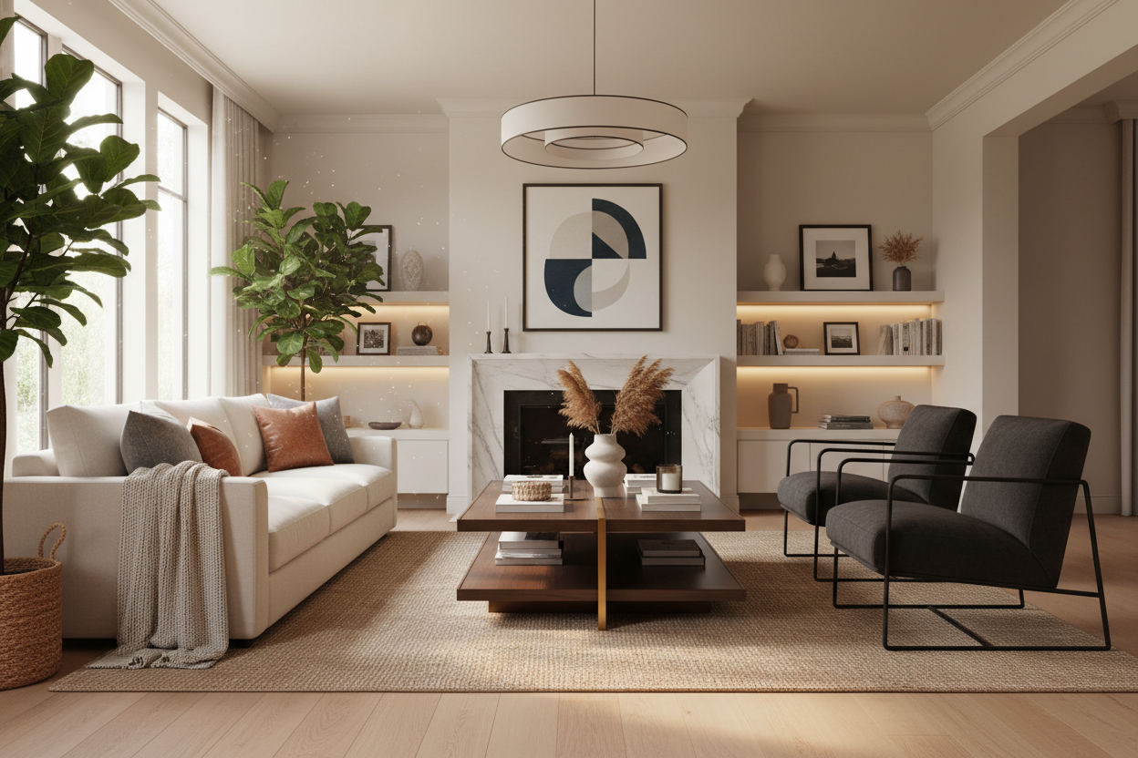 Modern living room with a fireplace, sofa, and decorative elements.